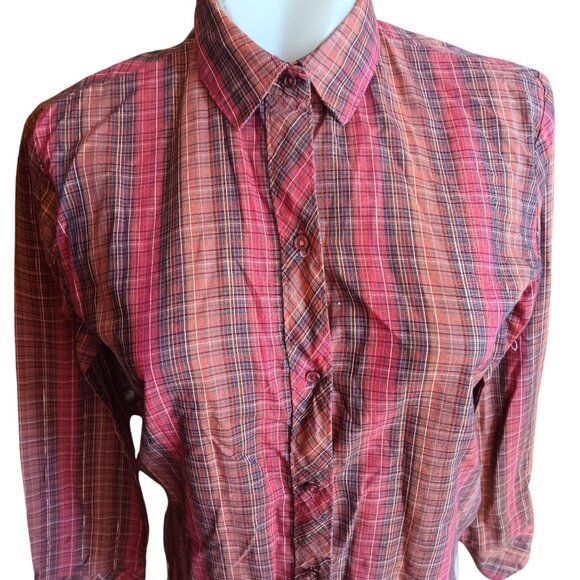 Small Vintage Hippy Plaid Top 1970's Button-Up Shiny Gold Thread Boho Blouse - Picture 1 of 6